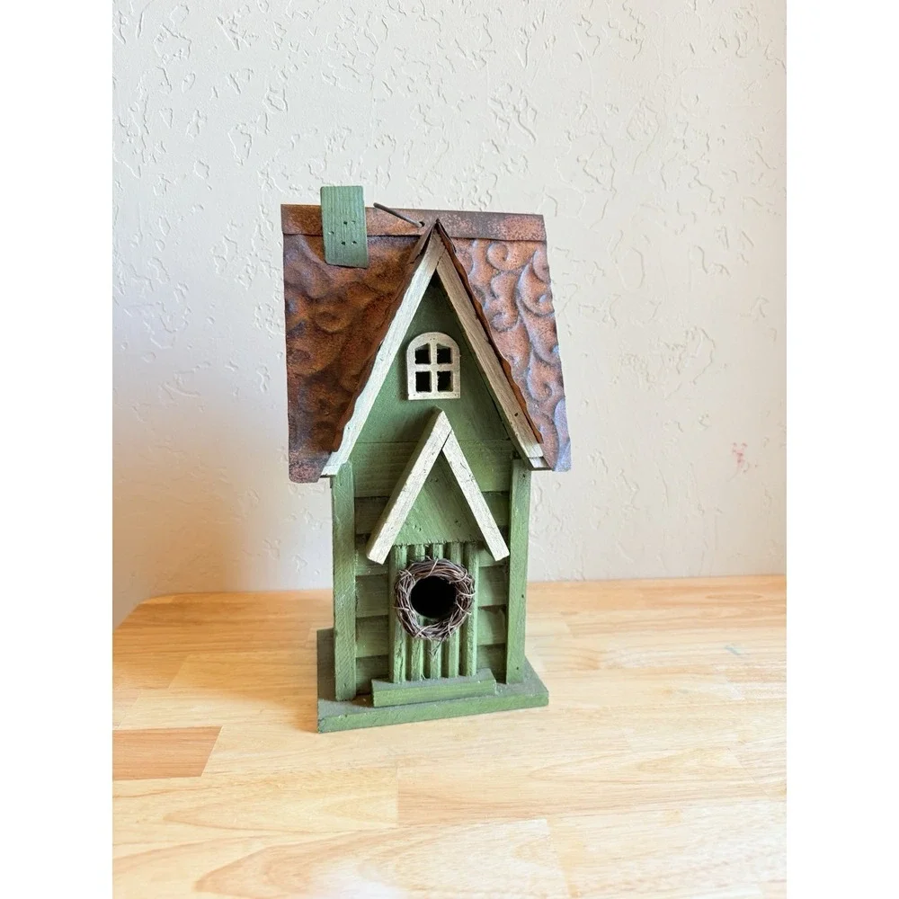 Wooden BirdHouse Metal Roof Wooden Siding Swinging Access Door Rustic Style